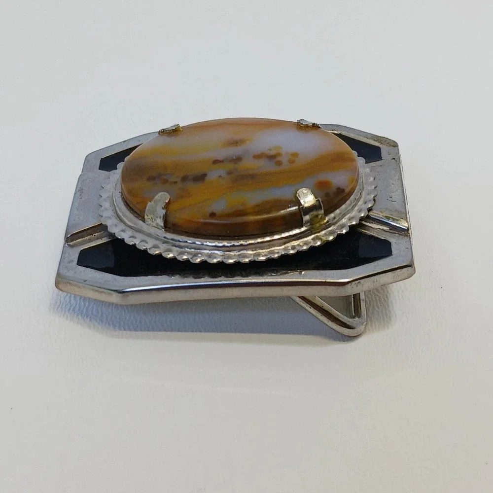 Vintage Western Agate Belt Buckle Silver Tone Black Enamel Rectangular Mens
